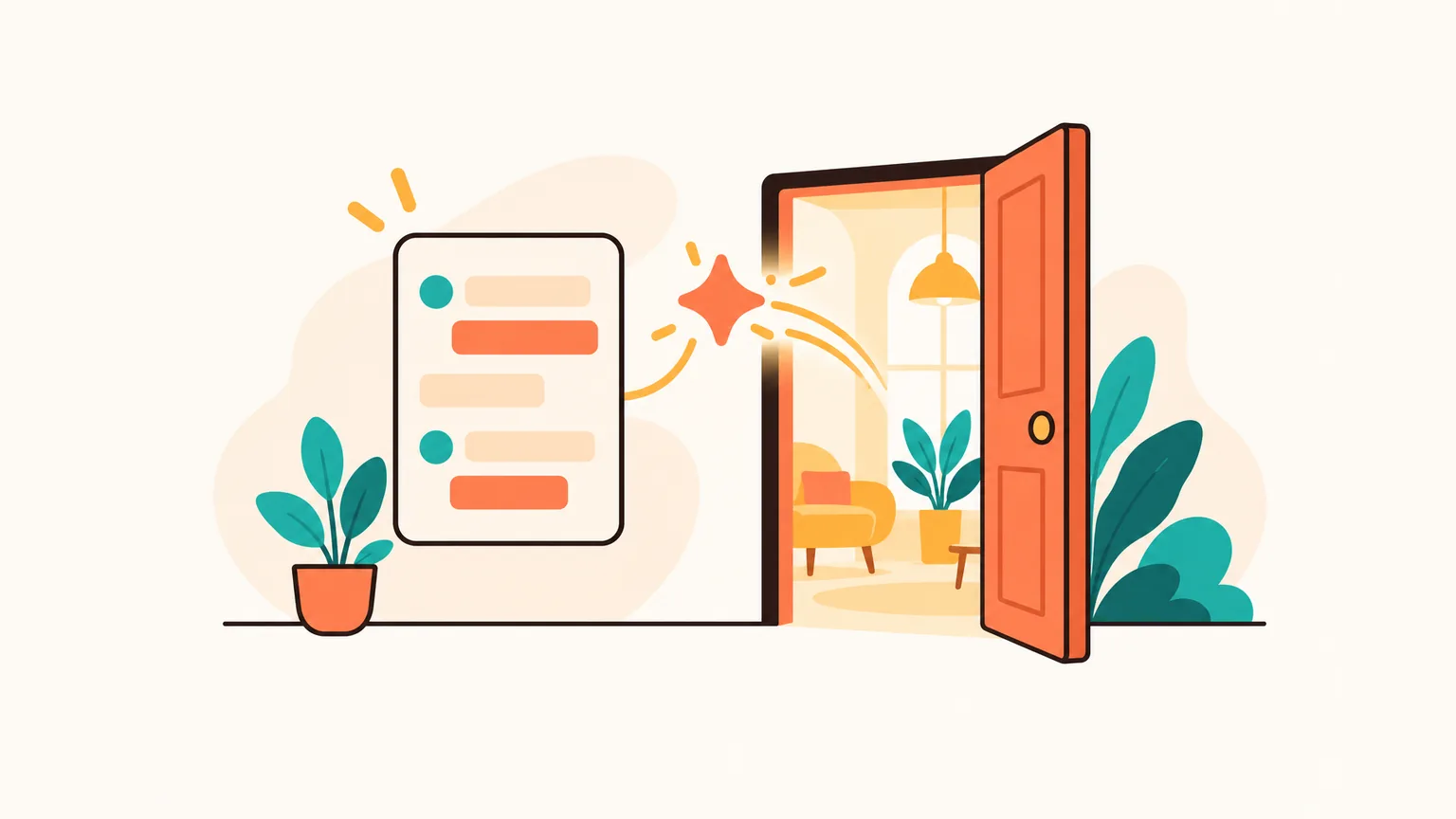 Illustration of an open warm doorway next to a floating chat card with abstract reply bubbles — the metaphor of an assistant living alongside your messenger.