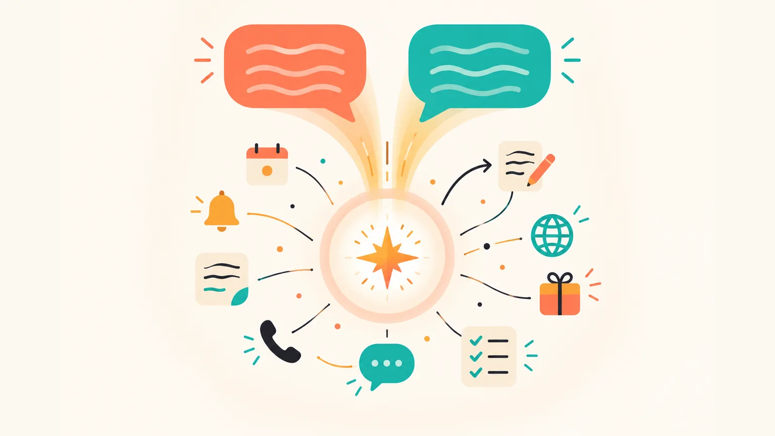 Two chat bubbles — coral and teal — above a single warm sunburst in a soft ring, surrounded by small flat icons of a calendar, bell, draft note, globe, gift, speech bubble, handset and checklist