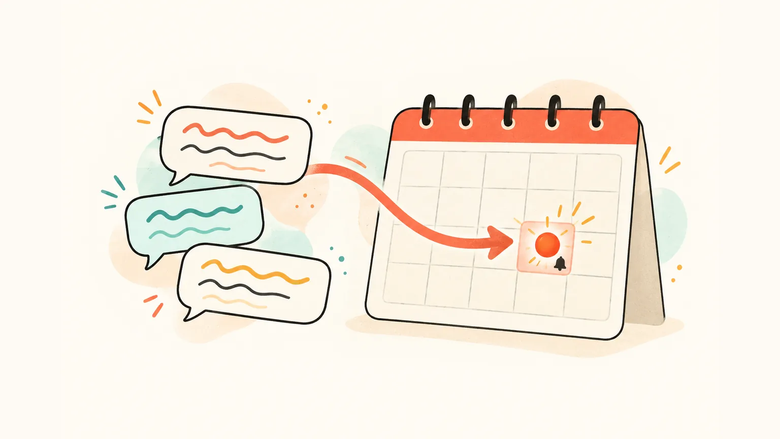 Three chat bubbles with abstract wavy lines on the left, a coral arrow curving into a calendar page on the right where one day lights up with a small round assistant mark and a reminder bell