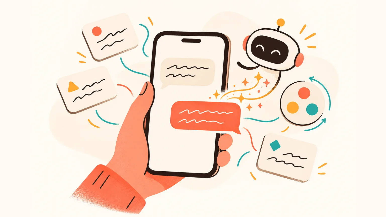 A hand holds a phone where an AI drafts a chat reply shaped by incoming message bubbles and a palette of tone chips