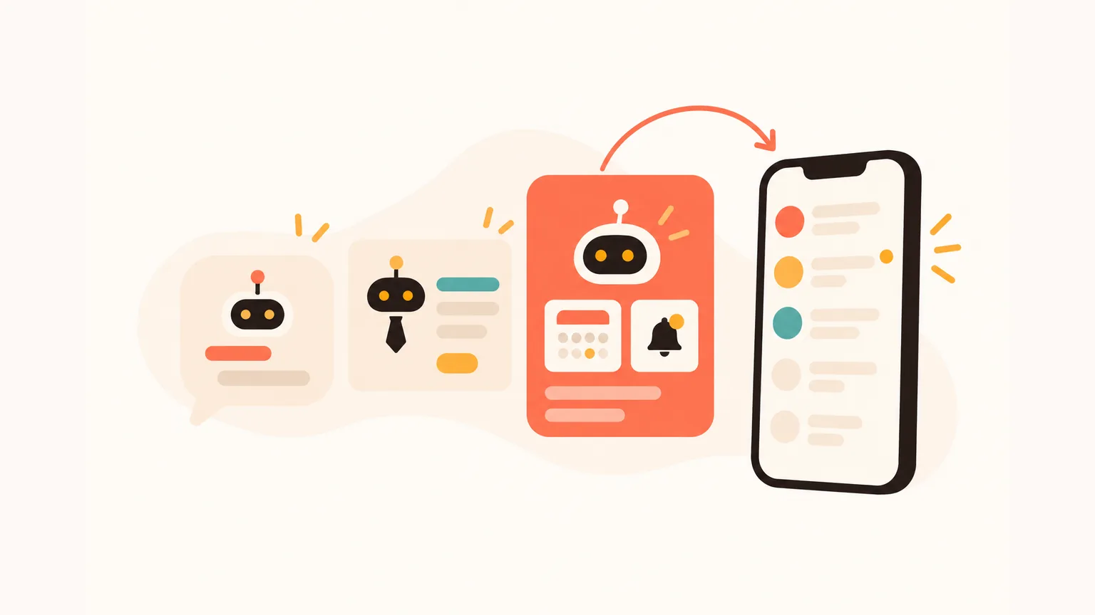 Three categories of AI assistants for WhatsApp: a small chat bubble, a business contact card, and a larger standalone assistant with calendar and bell icons, next to a phone.
