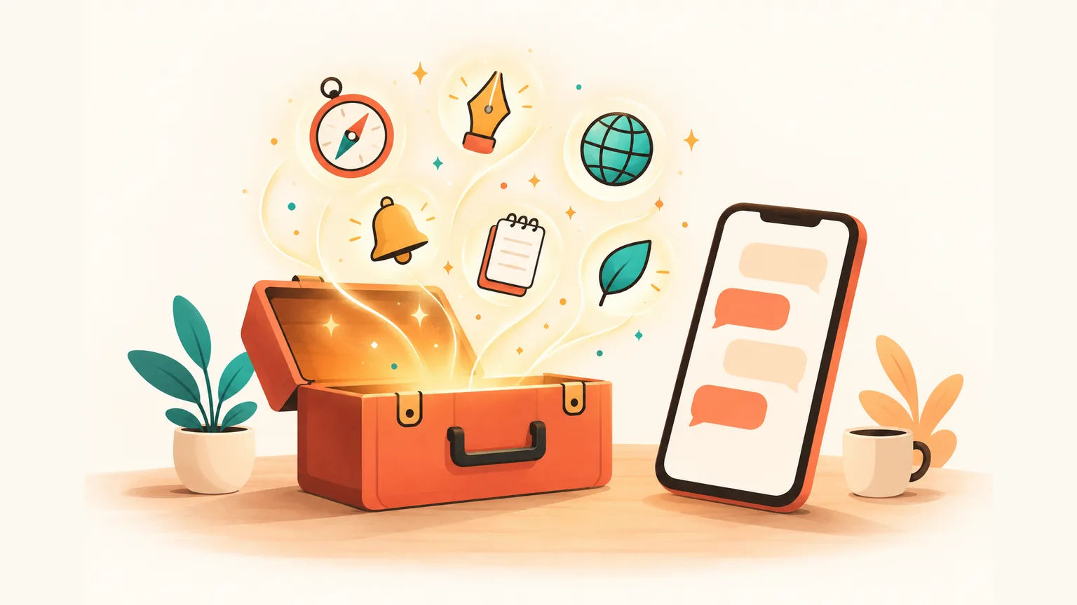 Illustration of an open warm toolbox on a tabletop with small helper shapes floating out of it — a compass, pen nib, globe, bell, notebook and leaf — next to a tilted phone with abstract chat bubbles. Metaphor: pick an AI helper by the job, not a plugin inside the messenger.
