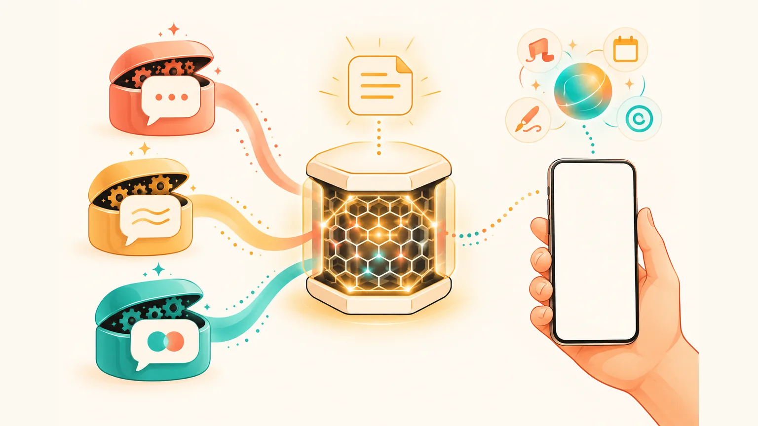 Flat editorial illustration: three colored boxes on the left (categories of third-party AI helpers), a honeycomb hex container in the center (an encrypted messenger inference network), and a hand holding a phone with a glowing orb floating above it on the right (a separate assistant app on top of chats).