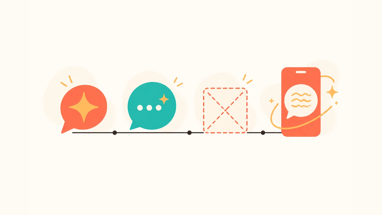 Four abstract symbols on a cream background — a coral speech bubble with a starburst, a teal bubble with dots, a dashed rectangle crossed out, and a phone with a chat bubble — connected by a thin ink line.