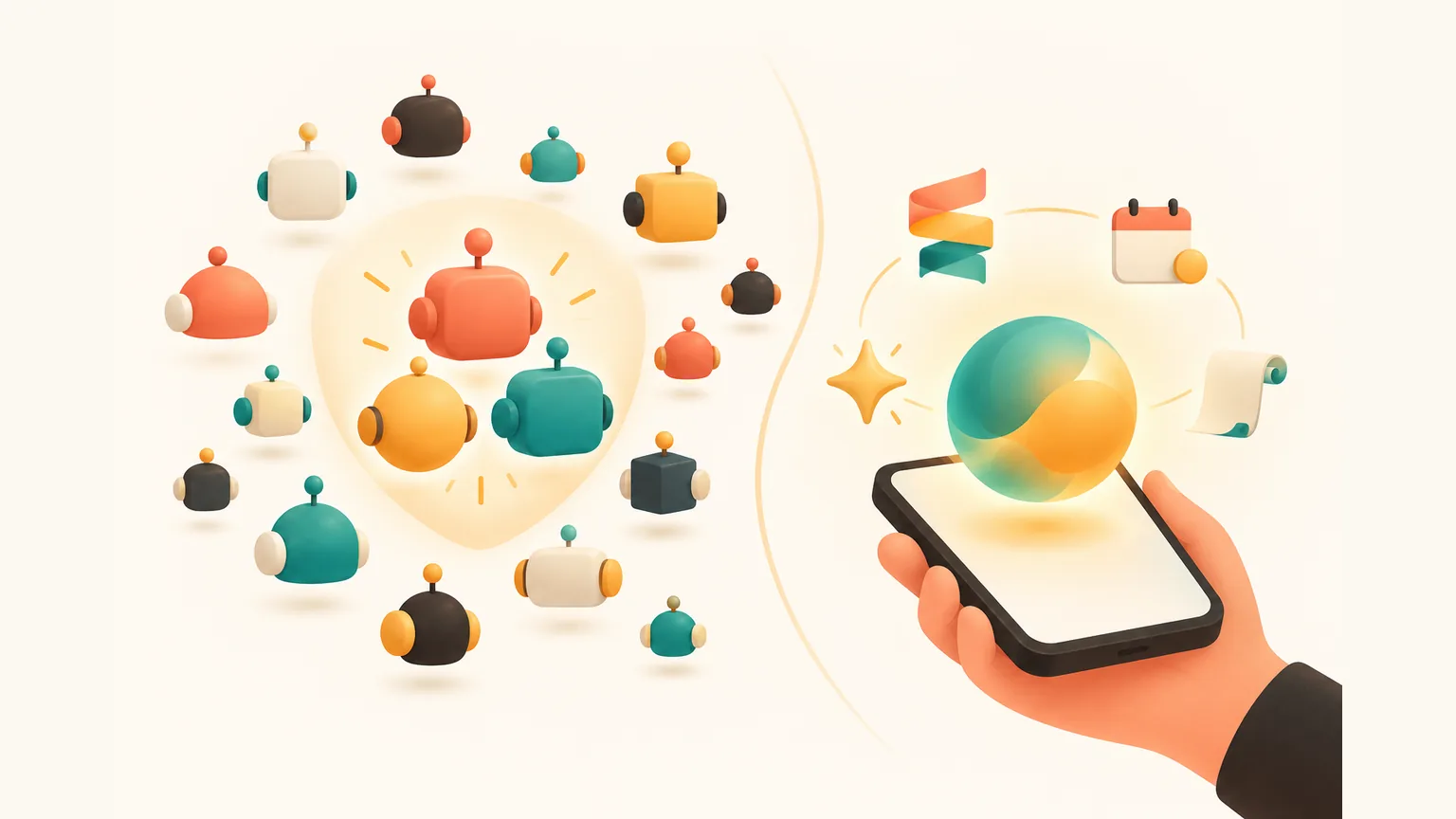 A crowd of small cartoon robot heads on one side and a single warm assistant orb on a phone in a hand on the other, showing bots inside a chat versus an assistant app on your phone.