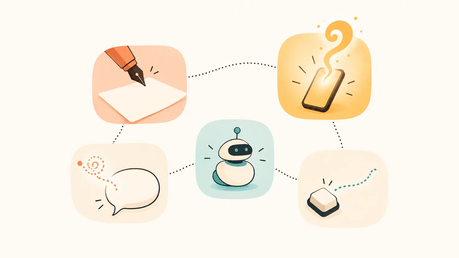 Five soft tiles connected by dotted lines — a pen drafting on paper, a reply bubble, a small bot figure, a keyboard key with a short suggestion, and a glowing phone with a question-mark curl