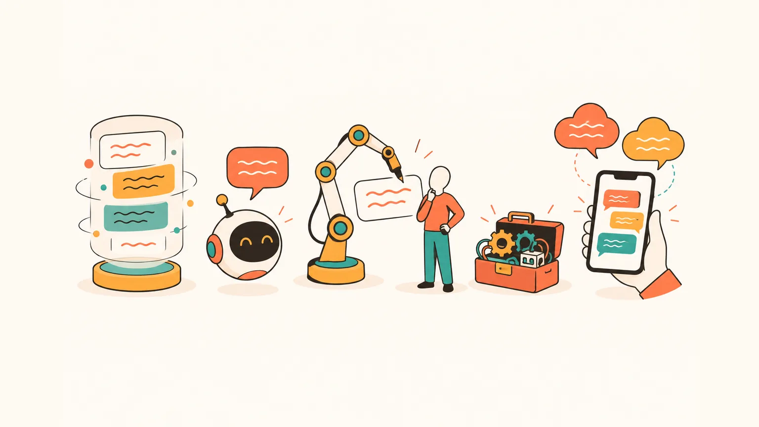 Five abstract AI-tool shapes side by side: a floating-summaries container, a small chat bot, a mechanical arm drafting a reply next to a person silhouette, a toolbox with gears, and a hand-held phone with layered chat bubbles.
