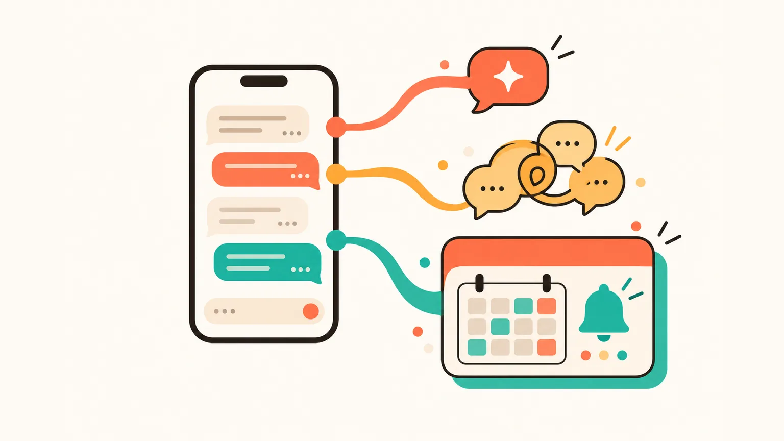 Three paths from a phone to AI help: a small chat bubble with a sparkle, a cluster of group bubbles with an at-sign swirl, and a larger app card with a calendar and bell.