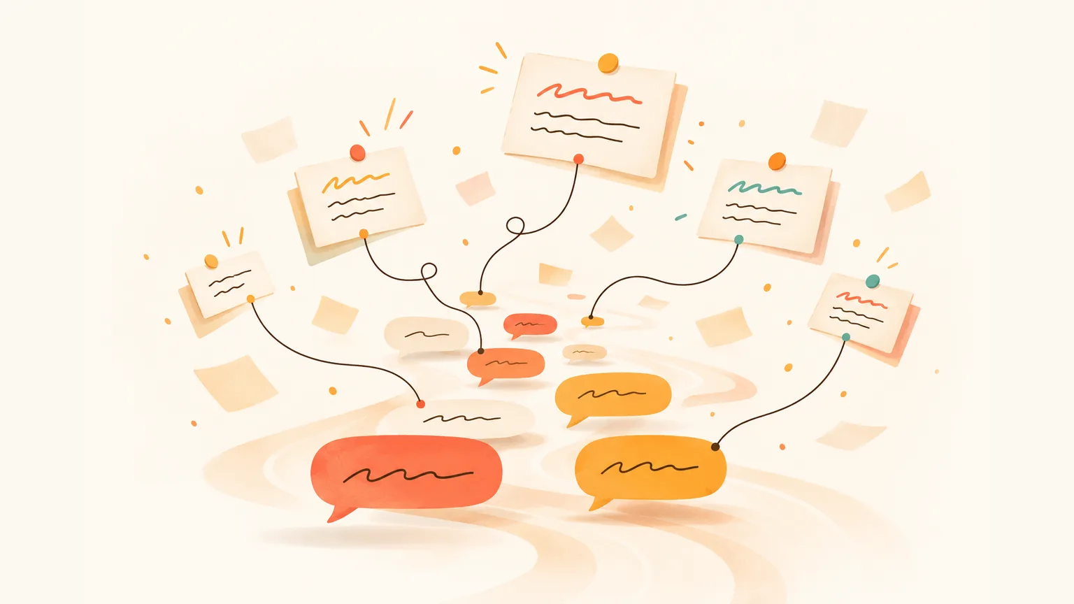 Floating index-card notes with abstract squiggles, connected by thin threads to warm chat bubbles — a visual metaphor for a second memory over WhatsApp conversations