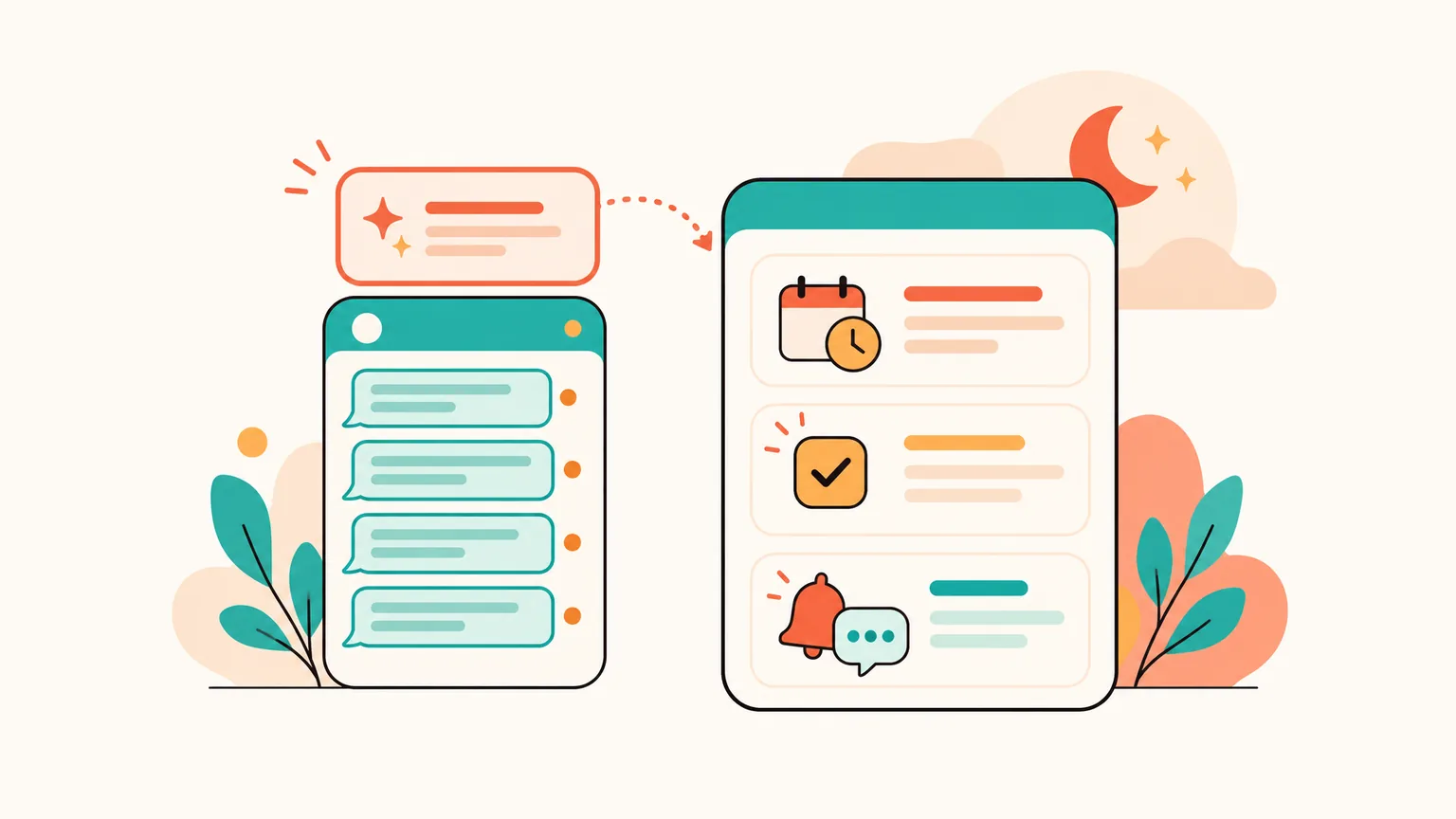 A single chat with unread message bubbles and a small AI recap card above them, a coral dotted arrow leading to a larger evening recap card with three stacked action cards for a meeting, a task and an awaiting reply, with a crescent moon motif signalling the end of the day