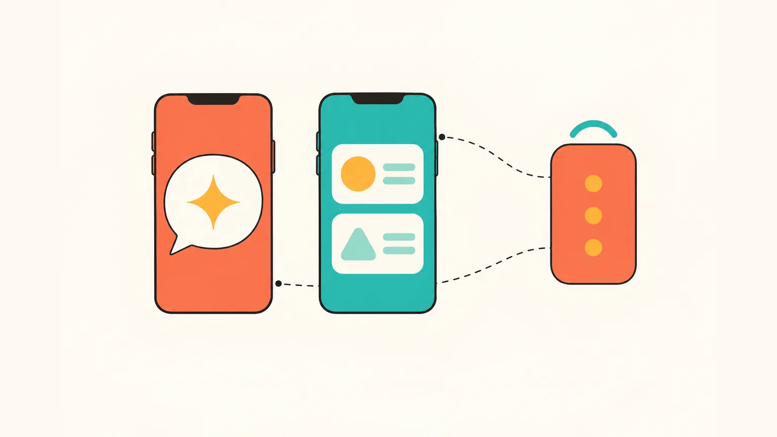 Three symbols connected by dashed lines: a coral phone with a spark bubble, a teal phone with two feature cards, and a separate coral assistant card alongside both.