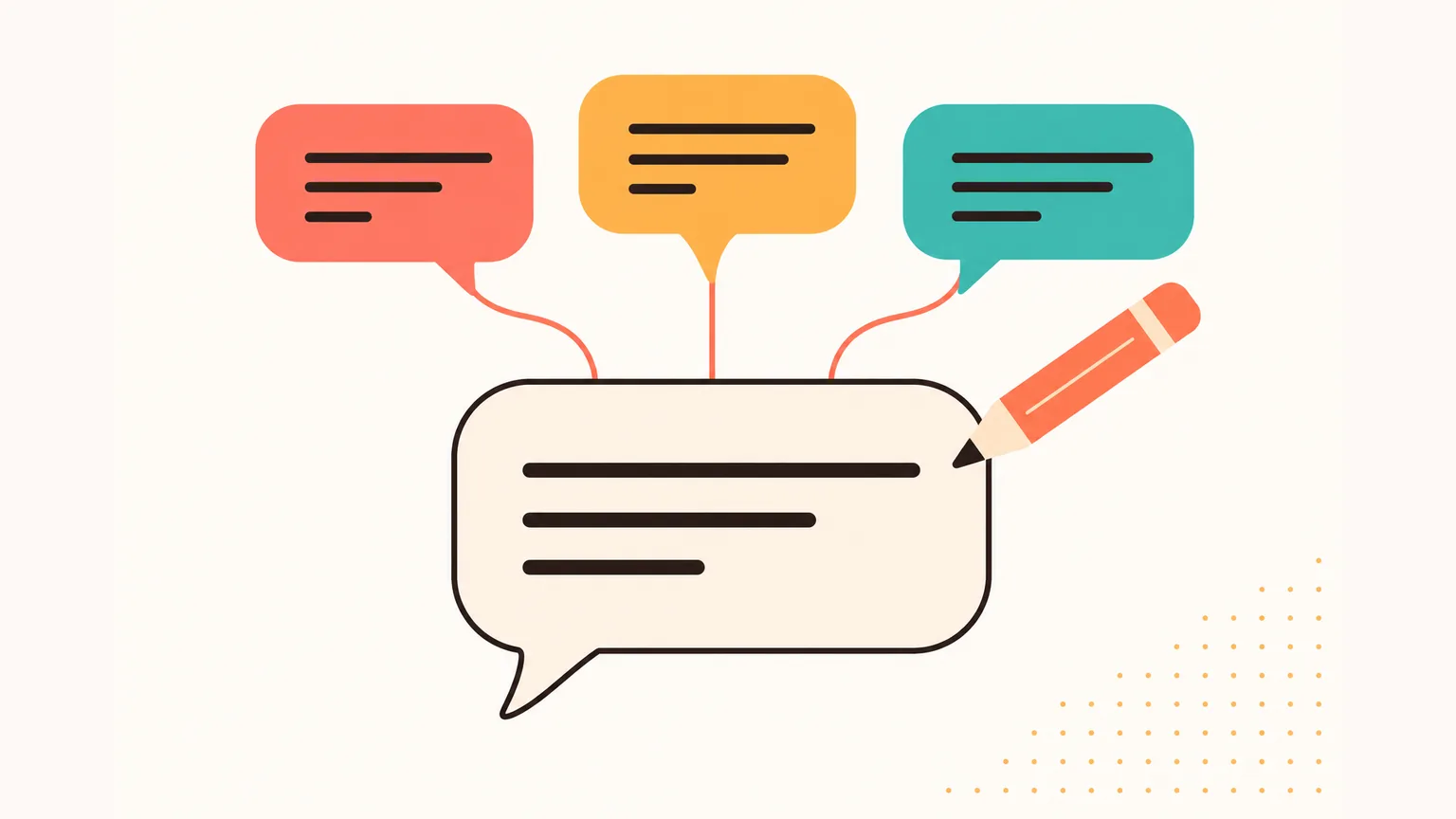 Three alternative speech bubbles in coral, amber and teal connected by curved lines to a central cream draft bubble, with a coral pencil pointing at it