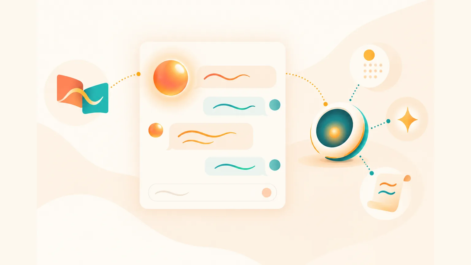 Flat editorial illustration: a glowing orb inside a chat card for Meta AI, and a separate warm sphere alongside it connected by a dotted arc, suggesting an assistant linked to WhatsApp as a companion