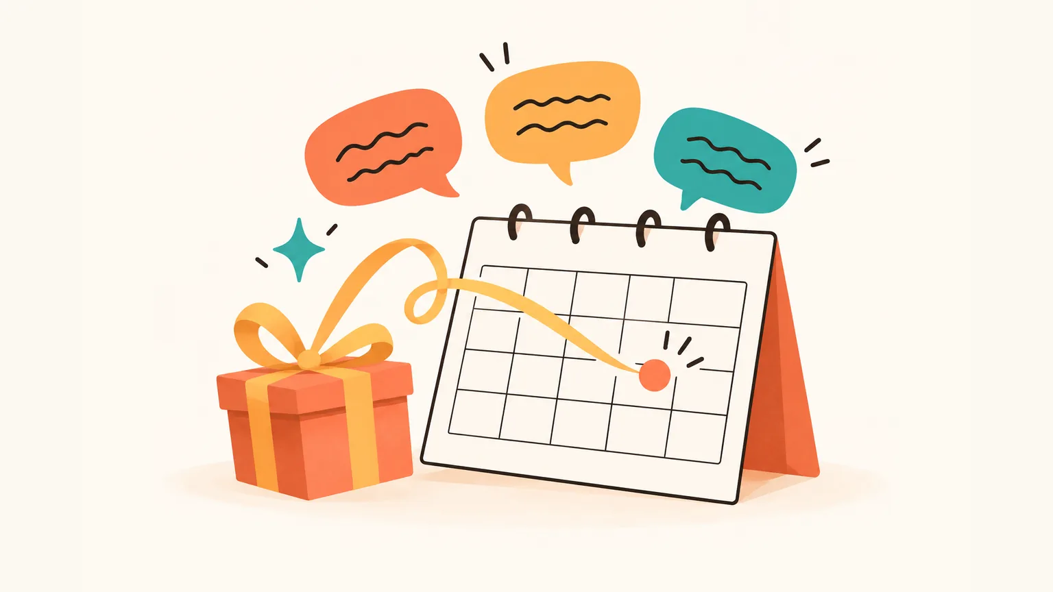Three chat bubbles above a calendar with a coral dot on one date and a gift box with an amber ribbon arcing onto the day