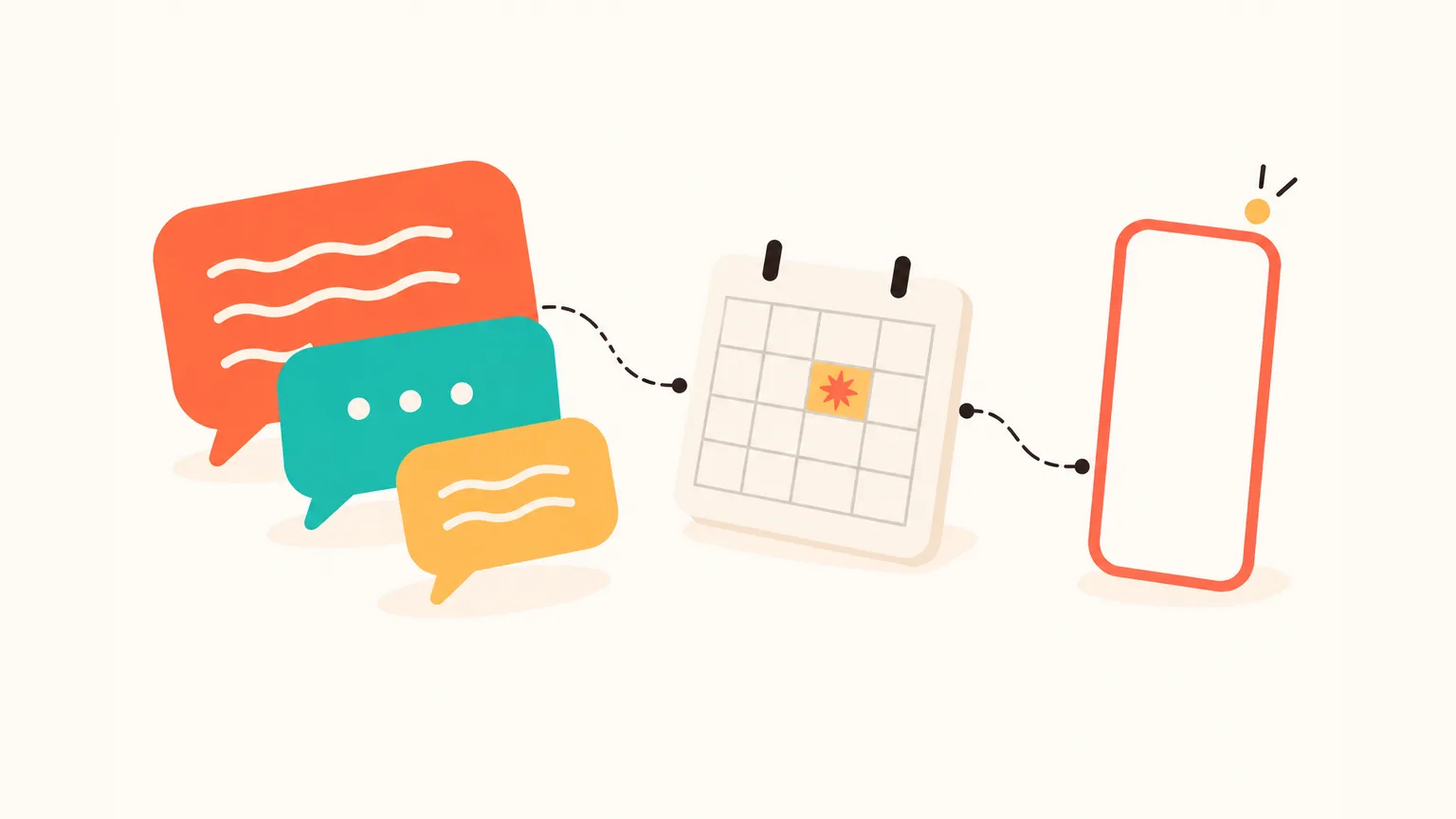 Three chat bubbles connect to a calendar card and a phone with a quiet ping — group plans turning into calendar reminders.