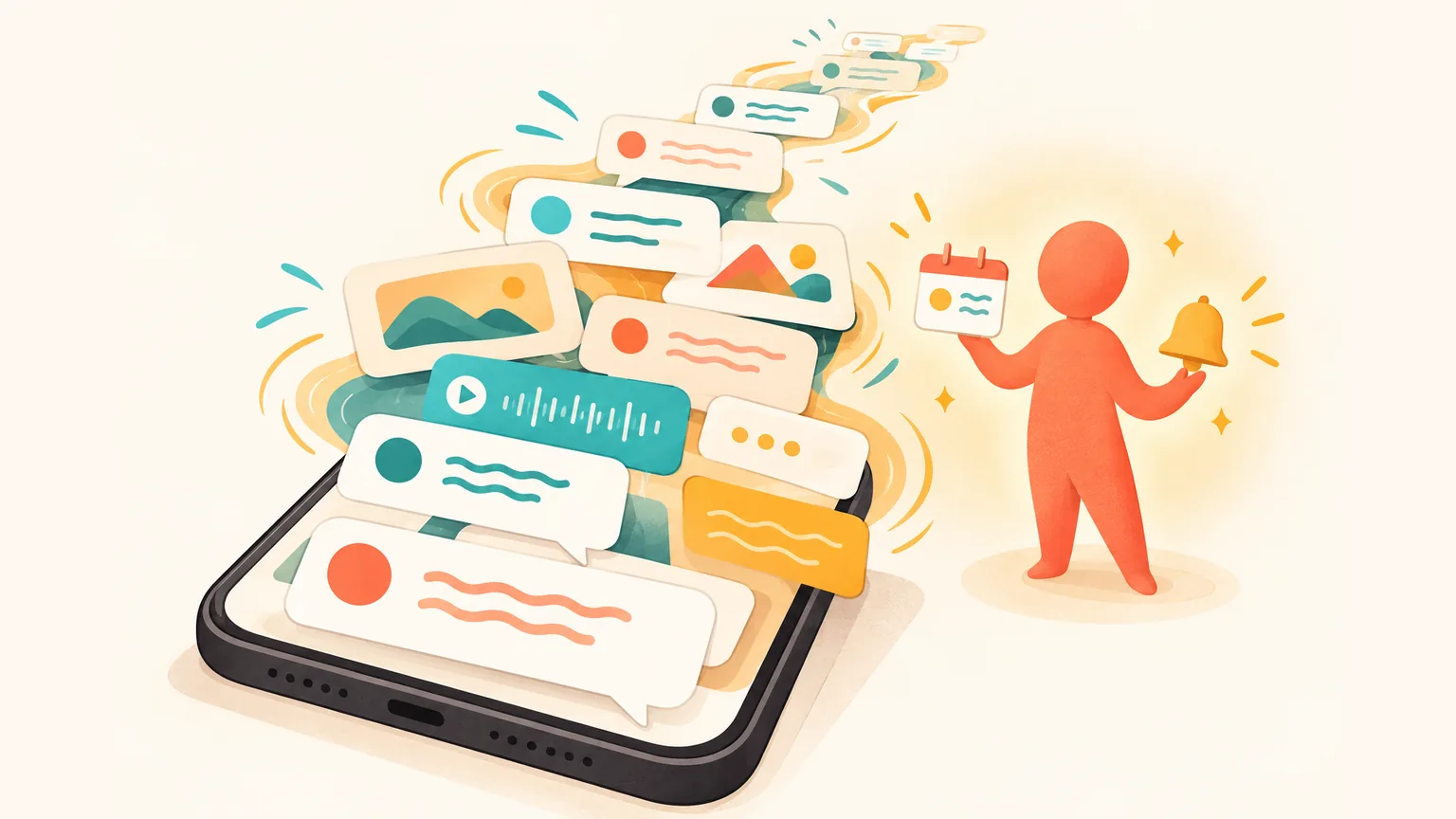 A coral assistant figure standing beside a smartphone with chat bubbles flowing out, holding a tiny calendar card and a reminder bell