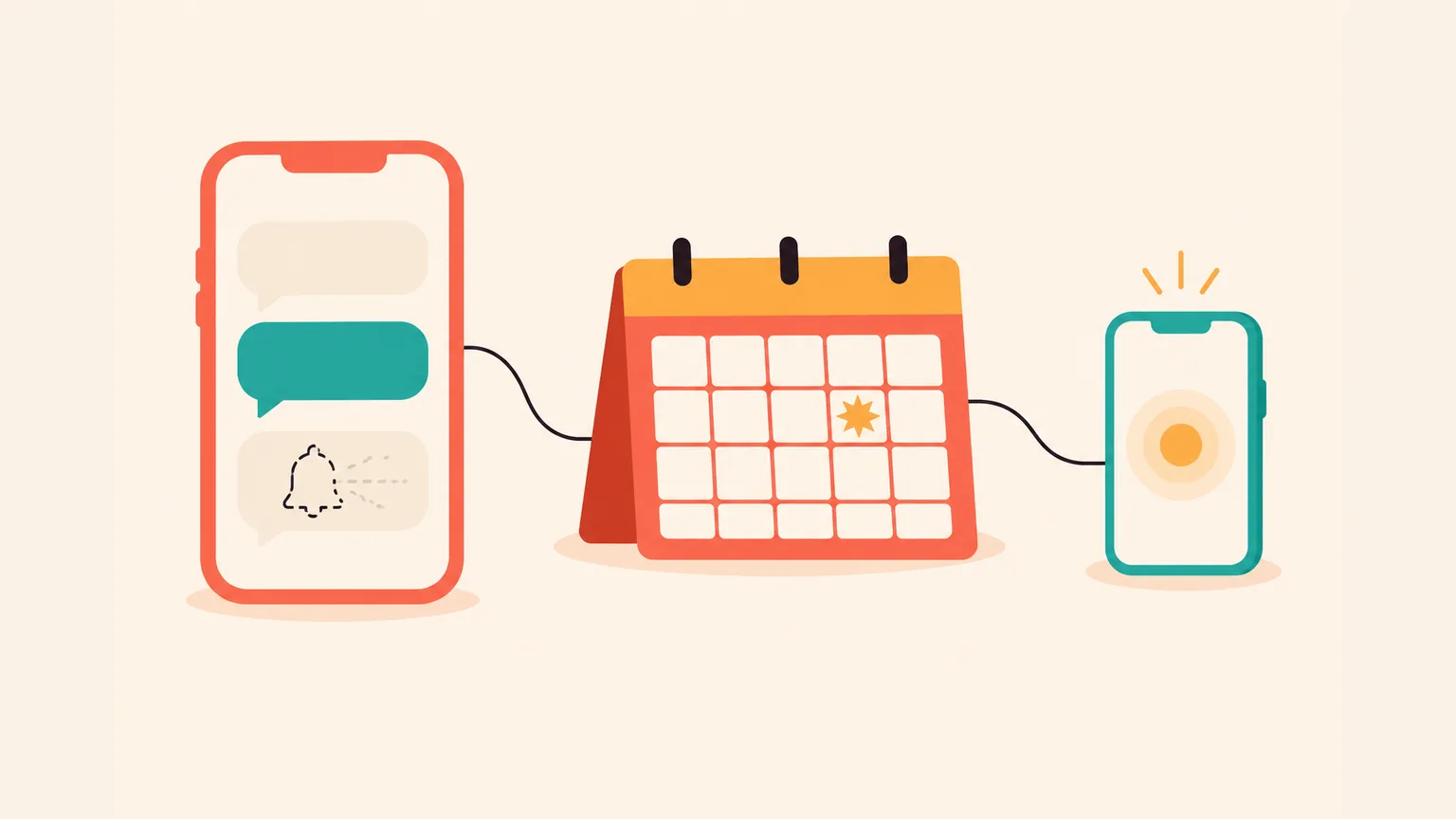 A phone with chat bubbles and a fading bell icon connects to a calendar with a highlighted day, then to a second phone with a quiet amber ping — the reminder lives in the calendar.