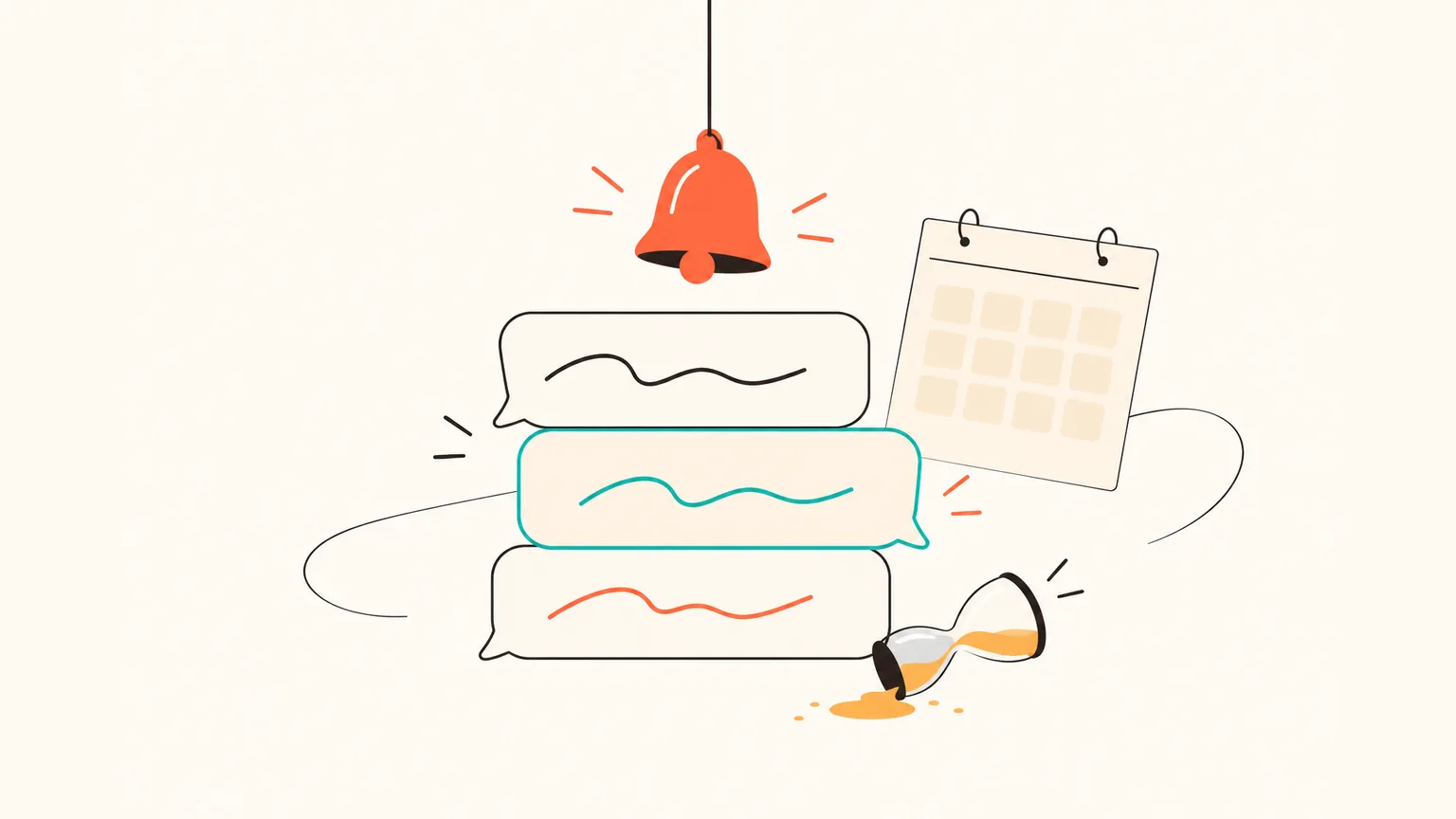 A soft coral bell dings above a stack of three abstract chat bubbles, a thin paper calendar floats behind them and a tipped amber hourglass spills a little sand — a calm visual for polite reminders.